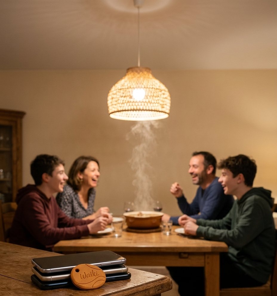 Un dîner de famille joyeux, les téléphones empilés à côté de la clé Waiki