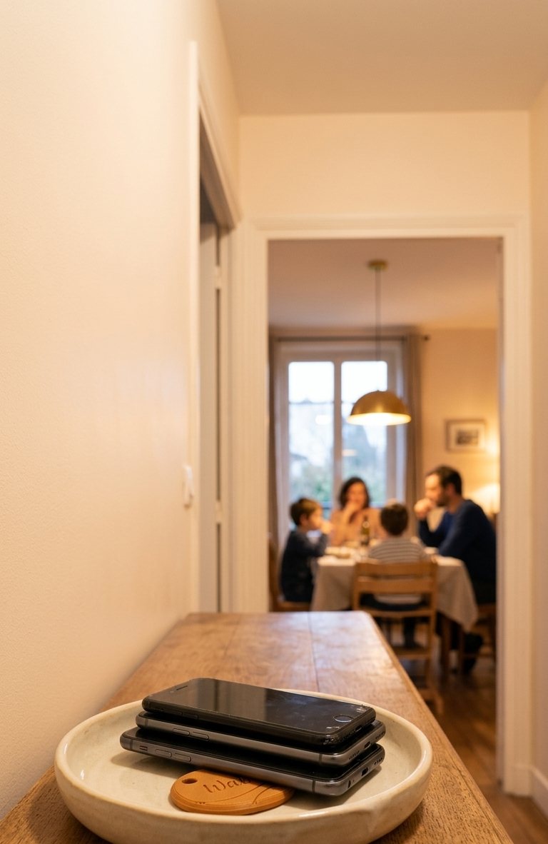 Le vide-poche de l'entrée : les téléphones posés sur la clé Waiki pendant que la famille passe à table