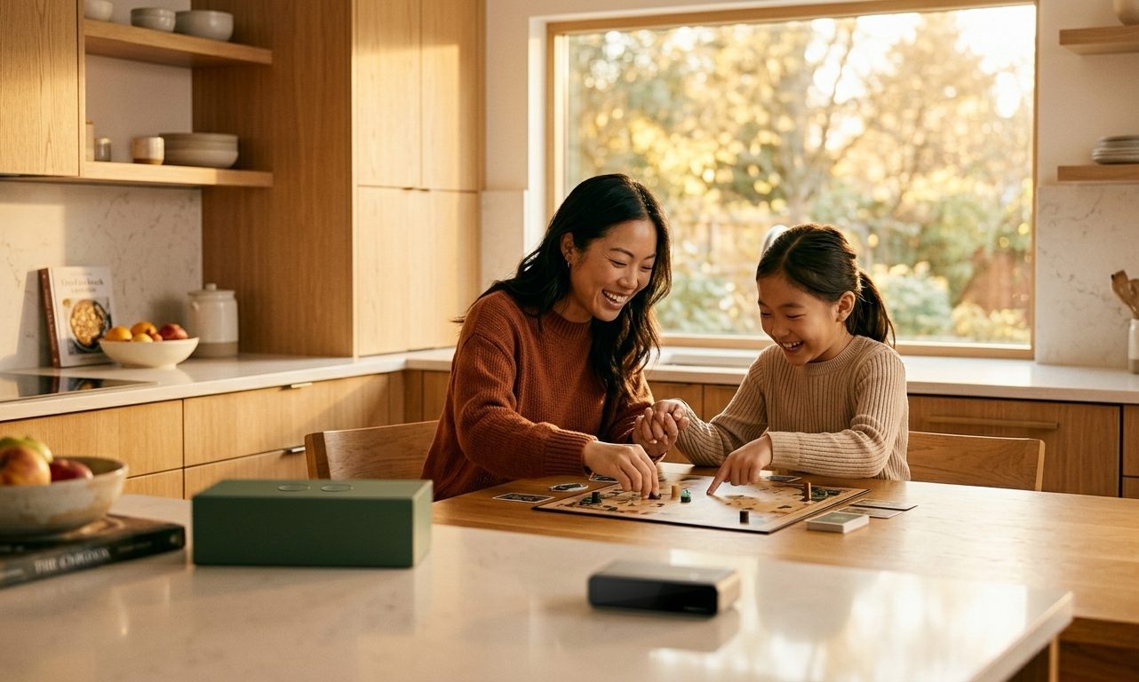 Une famille joue ensemble, les téléphones posés loin de la table