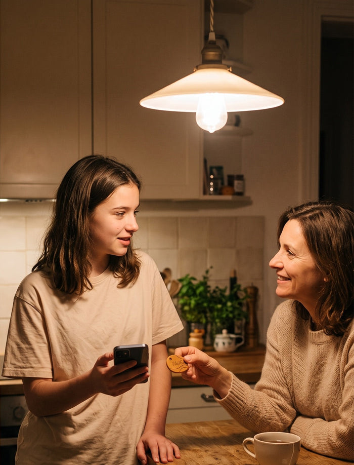 Une ado demande la clé Waiki à sa mère dans la cuisine, son téléphone à la main