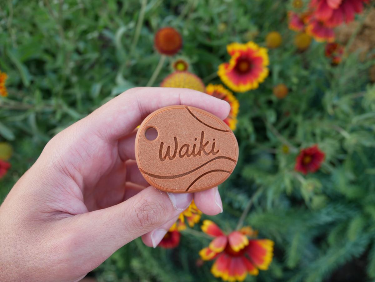 La clé Waiki tenue en main devant des fleurs
