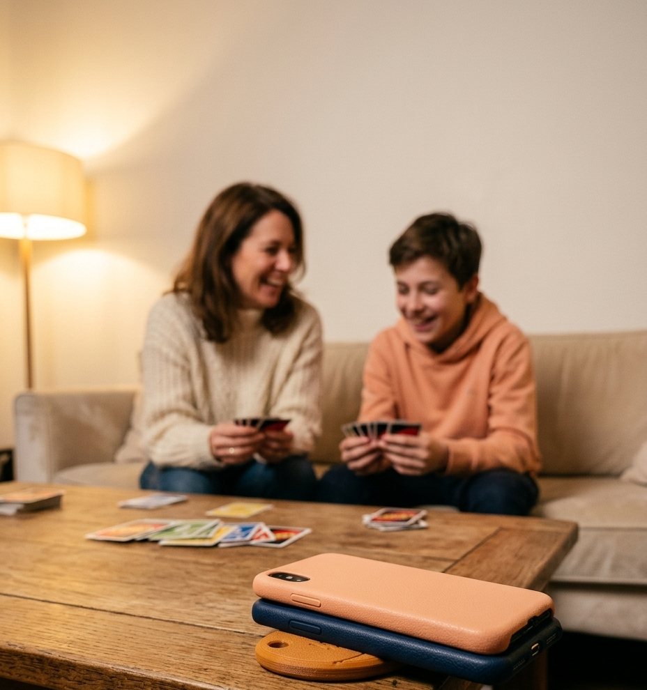 Une mère et son ado rient aux cartes, téléphones posés sur la clé